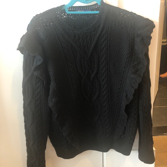 Black Ralph Lauren ruffle trim cable knit sweater - Picture 2 of 4